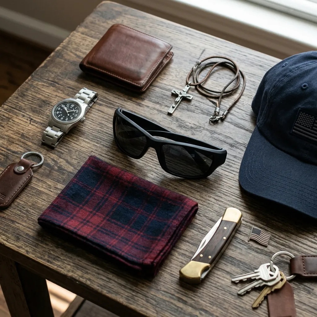 An essential accessories flat lay for the conservative aesthetic, showing wraparound sunglasses and a crucifix necklace to complete MAGA-coded outfits for men.
