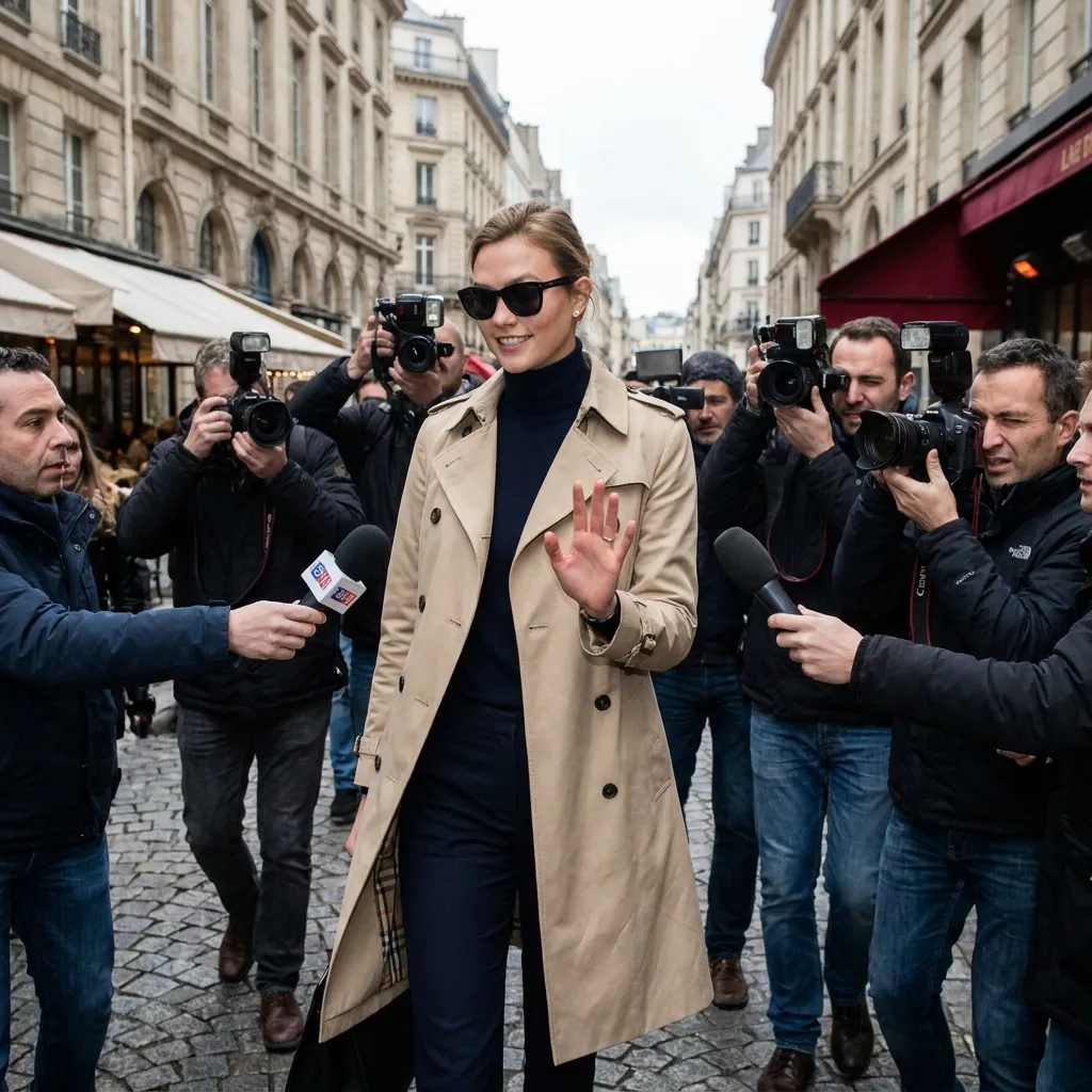 Supermodel Karlie Kloss walking down a chic street in Paris wearing dark sunglasses and a stylish trench coat while actively dodging paparazzi questions with a slight smirk.