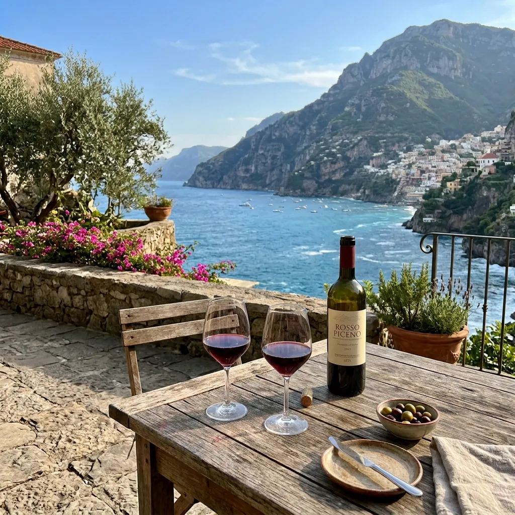 Two glasses of inexpensive Italian wine on a terrace overlooking the sea during sunset.