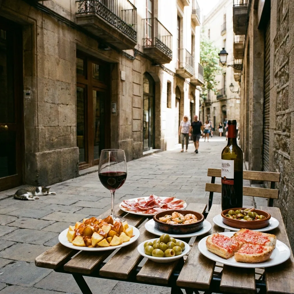 Authentic Spanish tapas and a glass of wine served on a rustic wooden table in a quiet alleyway of Barcelona's Gothic Quarter