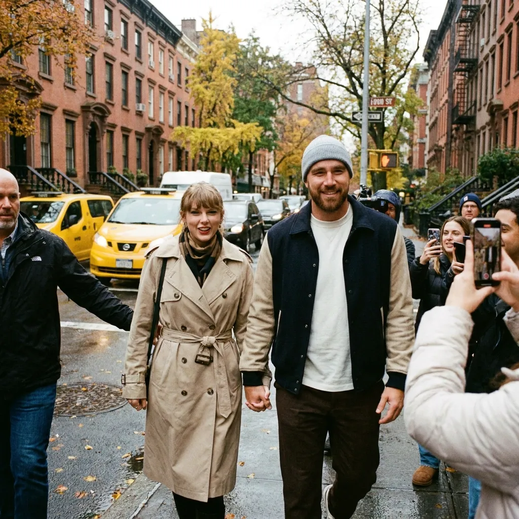 Taylor Swift and Travis Kelce holding hands and smiling while walking the streets of Manhattan ahead of their wedding.