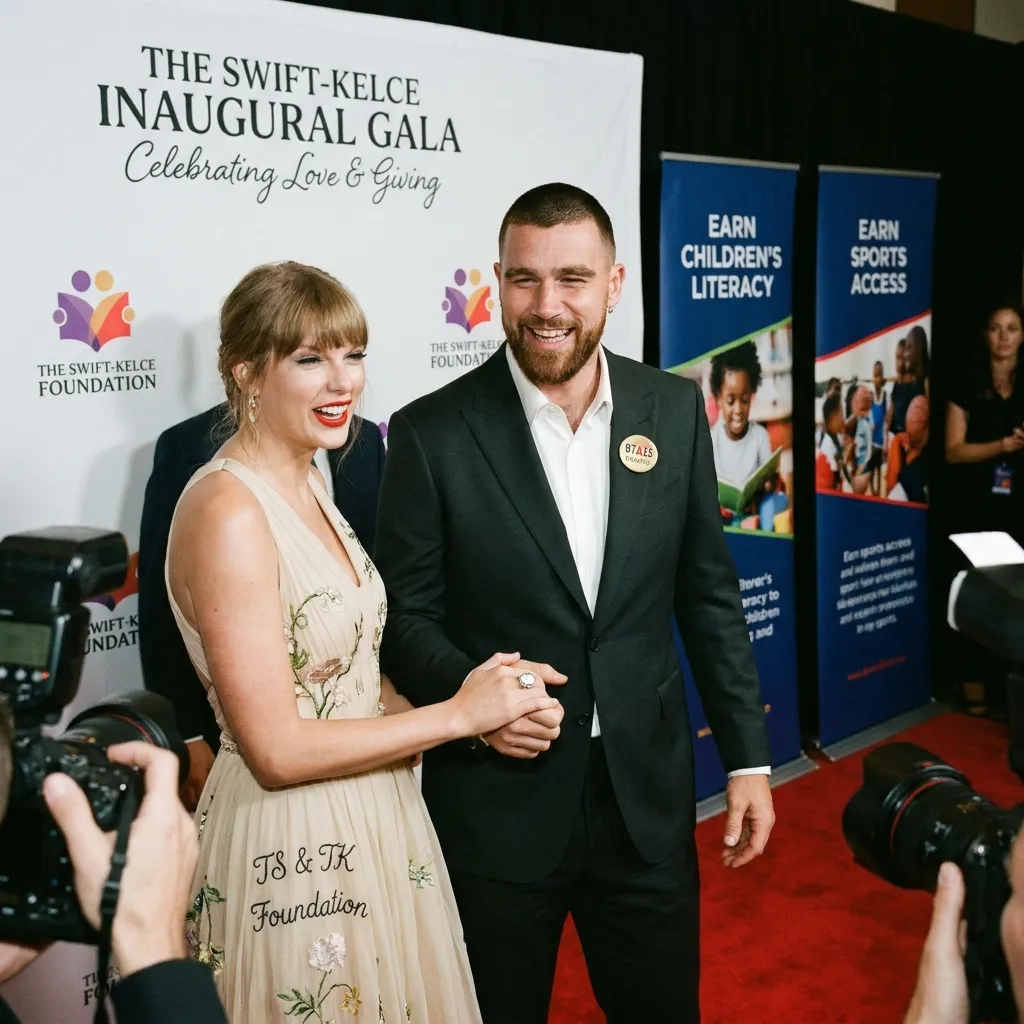 Taylor Swift and Travis Kelce walking hand-in-hand on a cobblestone street during a night out in New York City. Taylor Swift is wearing a tan trench coat, black leather mini skirt, sheer corset top, and carrying a black Dior saddle bag, while Travis Kelce wears a patterned navy blue button-down shirt and navy trousers.