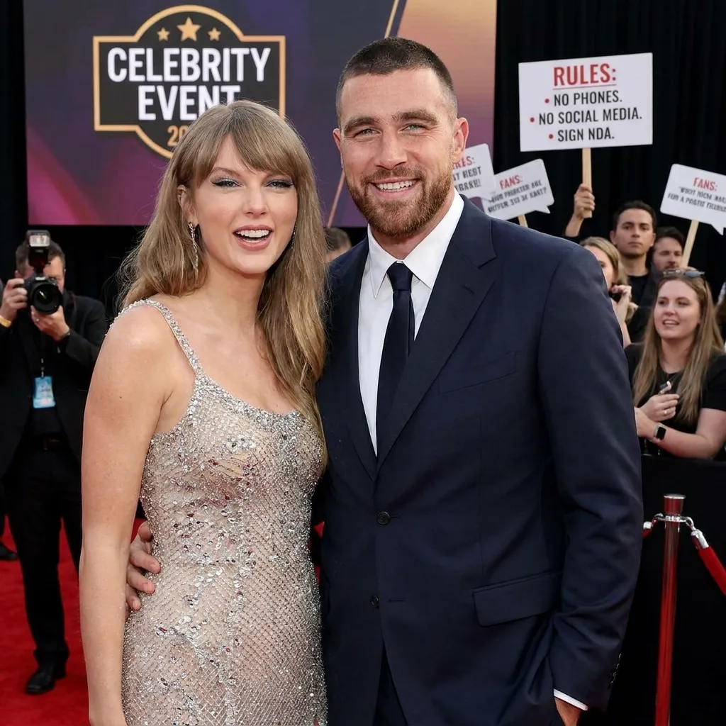 Taylor Swift and Travis Kelce smiling together on a red carpet, hinting at the highly debated Taylor Swift wedding guest rules.