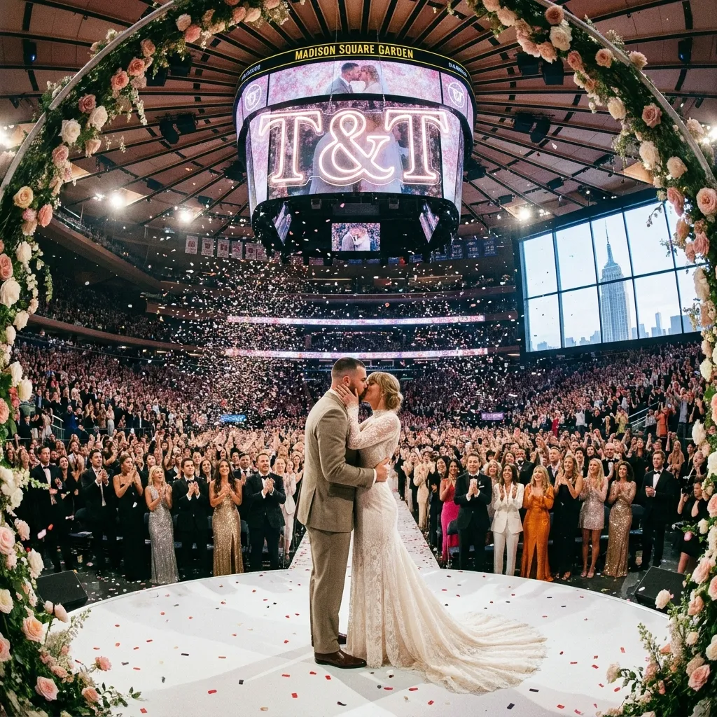 Taylor Swift and Travis Kelce celebrating their wedding ceremony at Madison Square Garden in New York City]
