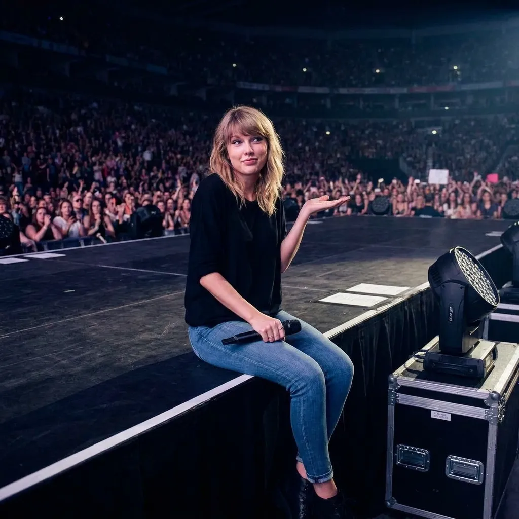 Taylor Swift sitting casually on a stadium concert stage holding a microphone and shrugging her shoulders in front of a massive crowd of fans