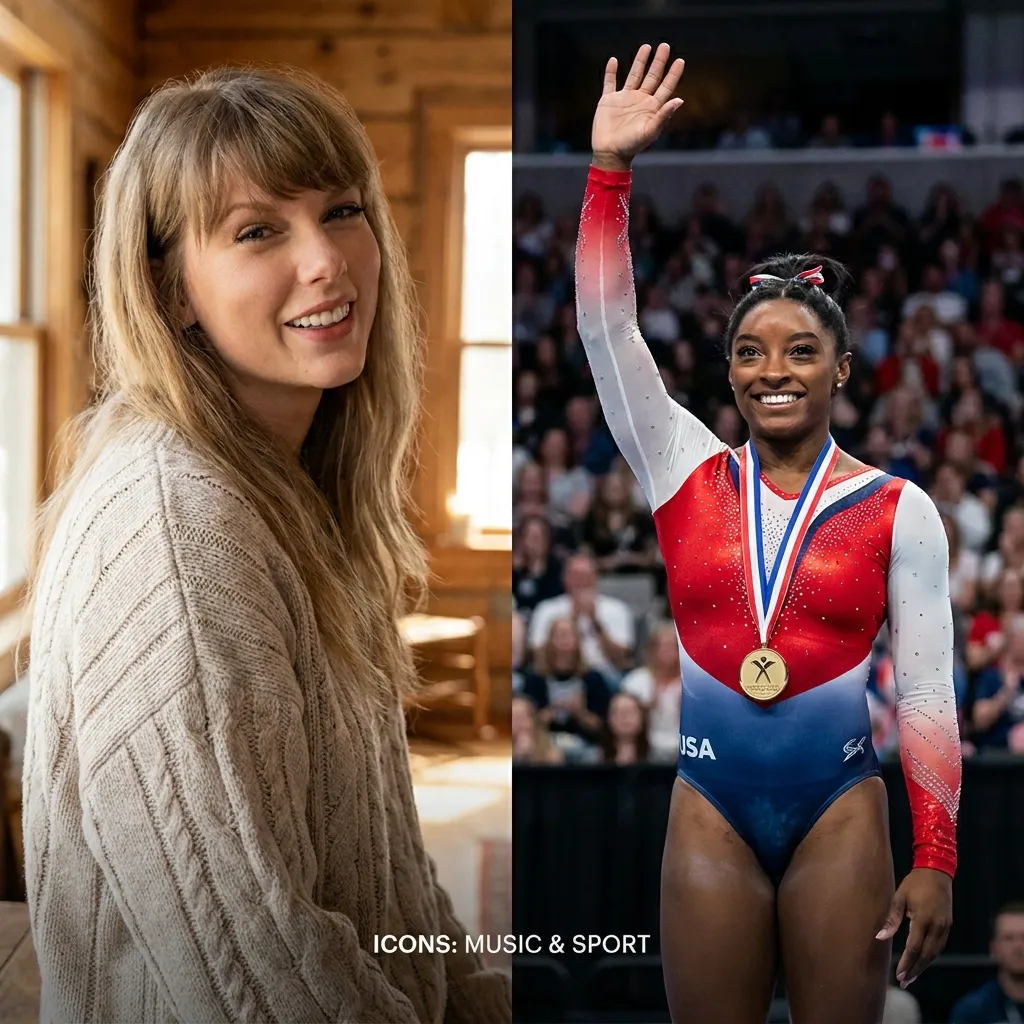Side-by-side photos of pop star Taylor Swift and Olympic gymnast Simone Biles, highlighting their long-standing mutual support for one another.