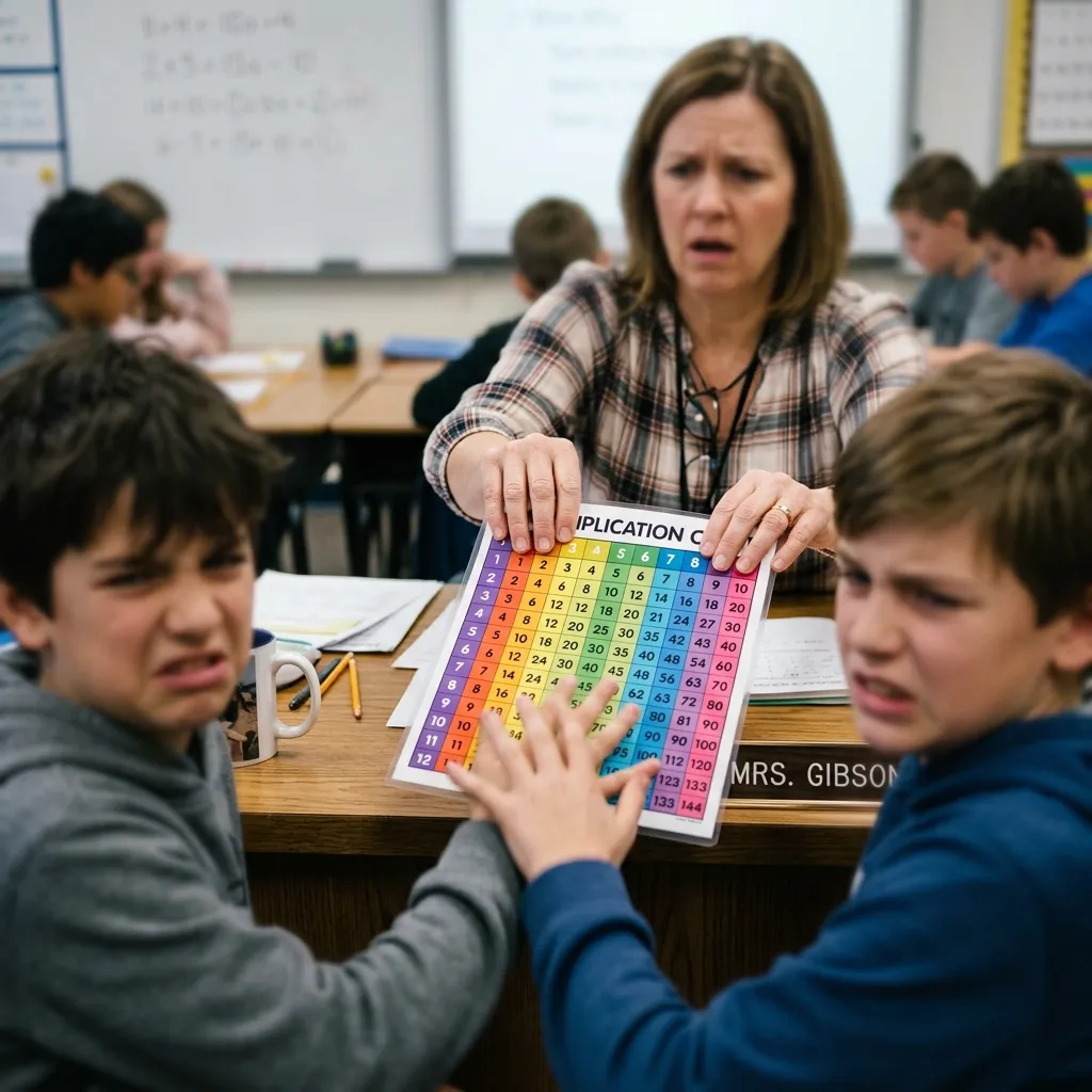 Middle school boys refusing a colorful classroom chart, illustrating the re-emergence of prejudice related to concerning trends affecting young boys.