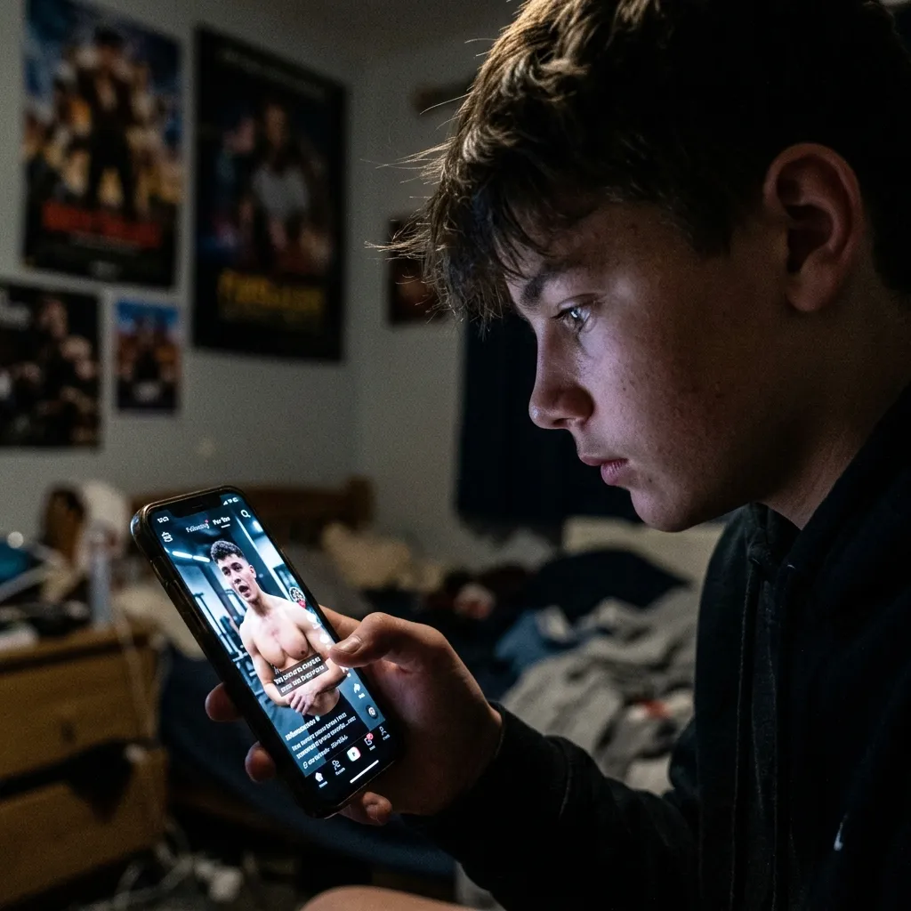 Close-up of a teen boy viewing male influencer content in a dark room, showcasing how digital media shapes concerning trends affecting young boys.