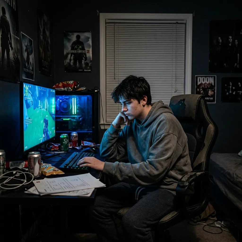 A lonely teenage boy sits sadly in a dark room lit only by a gaming monitor, symbolizing the silent mental health crisis and concerning trends affecting young boys.