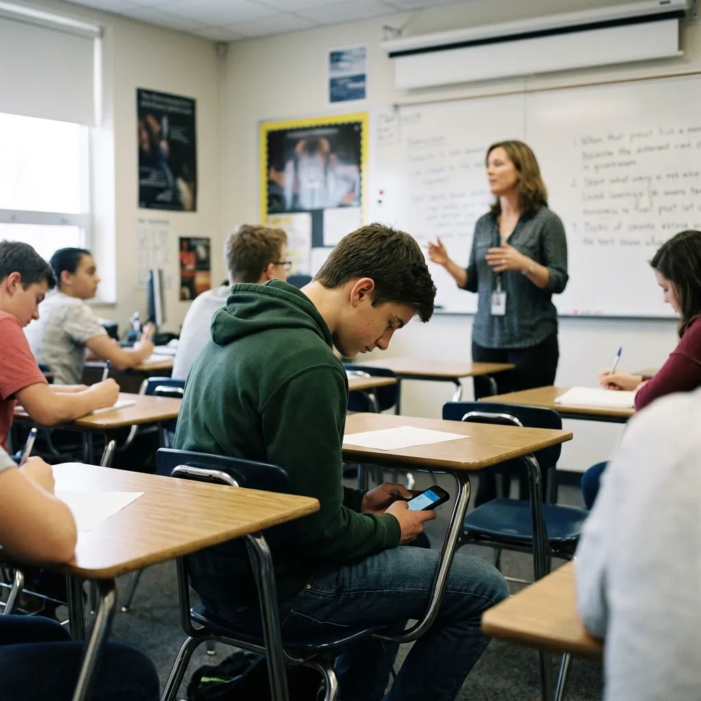 A teenage boy in a classroom ignores the teacher, secretly looking at his smartphone under his desk, illustrating concerning trends affecting young boys.