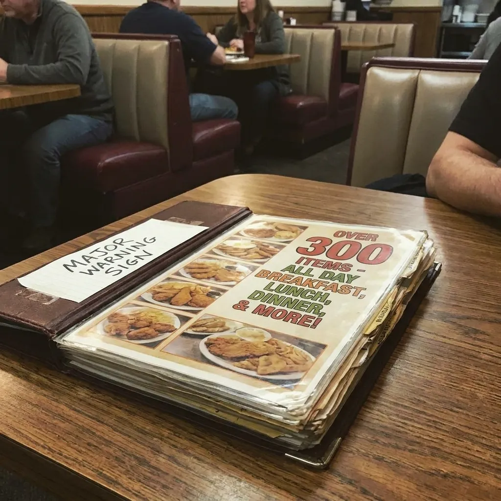 A massive ten-page restaurant menu sitting on a table, which is a major warning sign for bad food quality.
