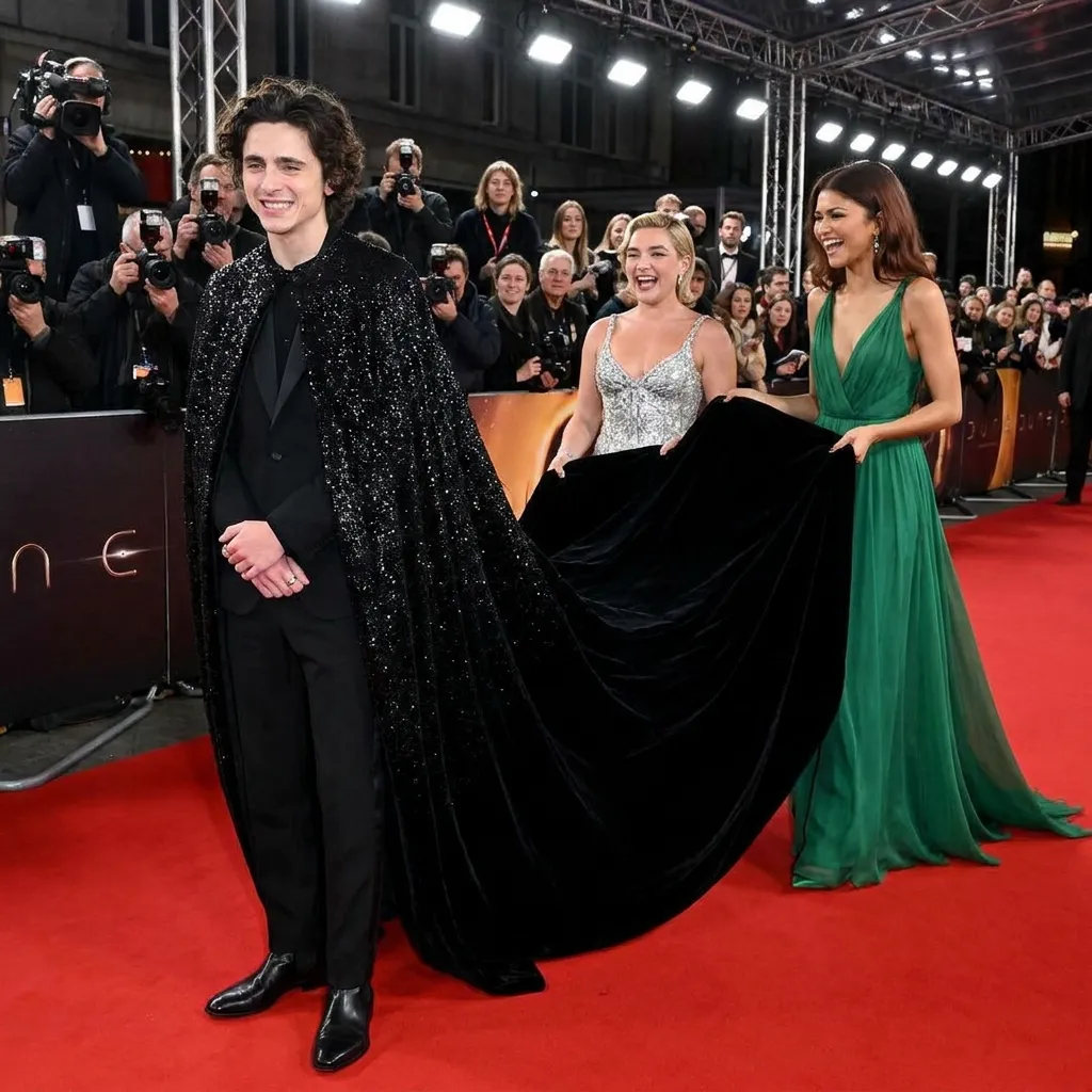Timothée Chalamet posing on the Dune movie red carpet in a black sequined cape while Zendaya and Florence Pugh laugh and carry his train