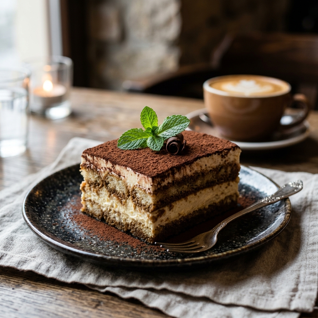 A sophisticated slice of tiramisu dusted with cocoa powder and garnished with a mint leaf.