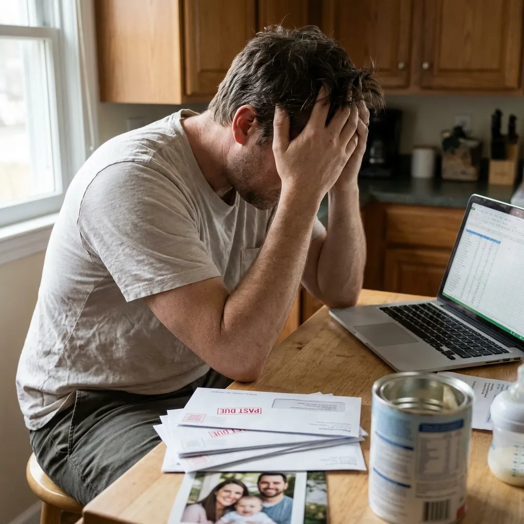 A tired father holding his head in his hands while looking at bills and baby formula on the kitchen counter, representing men who divorce after having a newborn