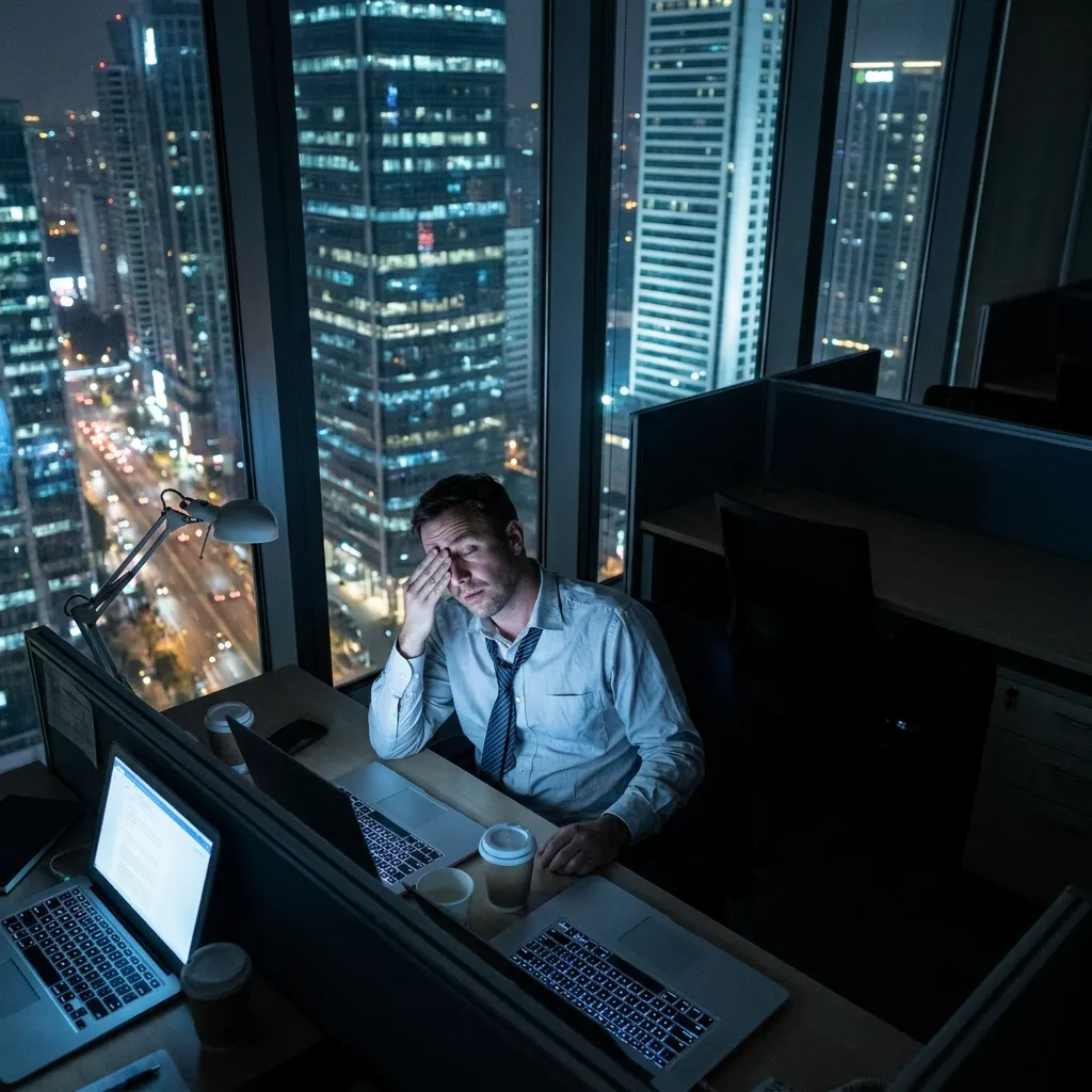A tired professional working late at night in a high-rise office building overlooking a glowing city skyline, illustrating modern American work culture