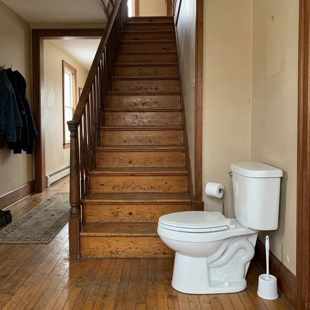 A fully exposed toilet sitting in the open right at the bottom of a wooden indoor staircase