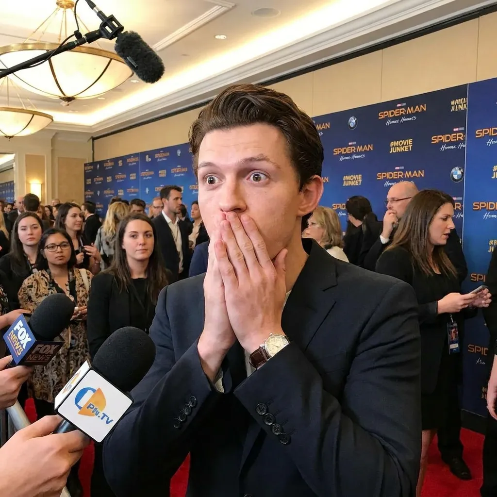 Tom Holland covering his mouth in shock during a red carpet press interview at the Spider-Man Homecoming movie premiere