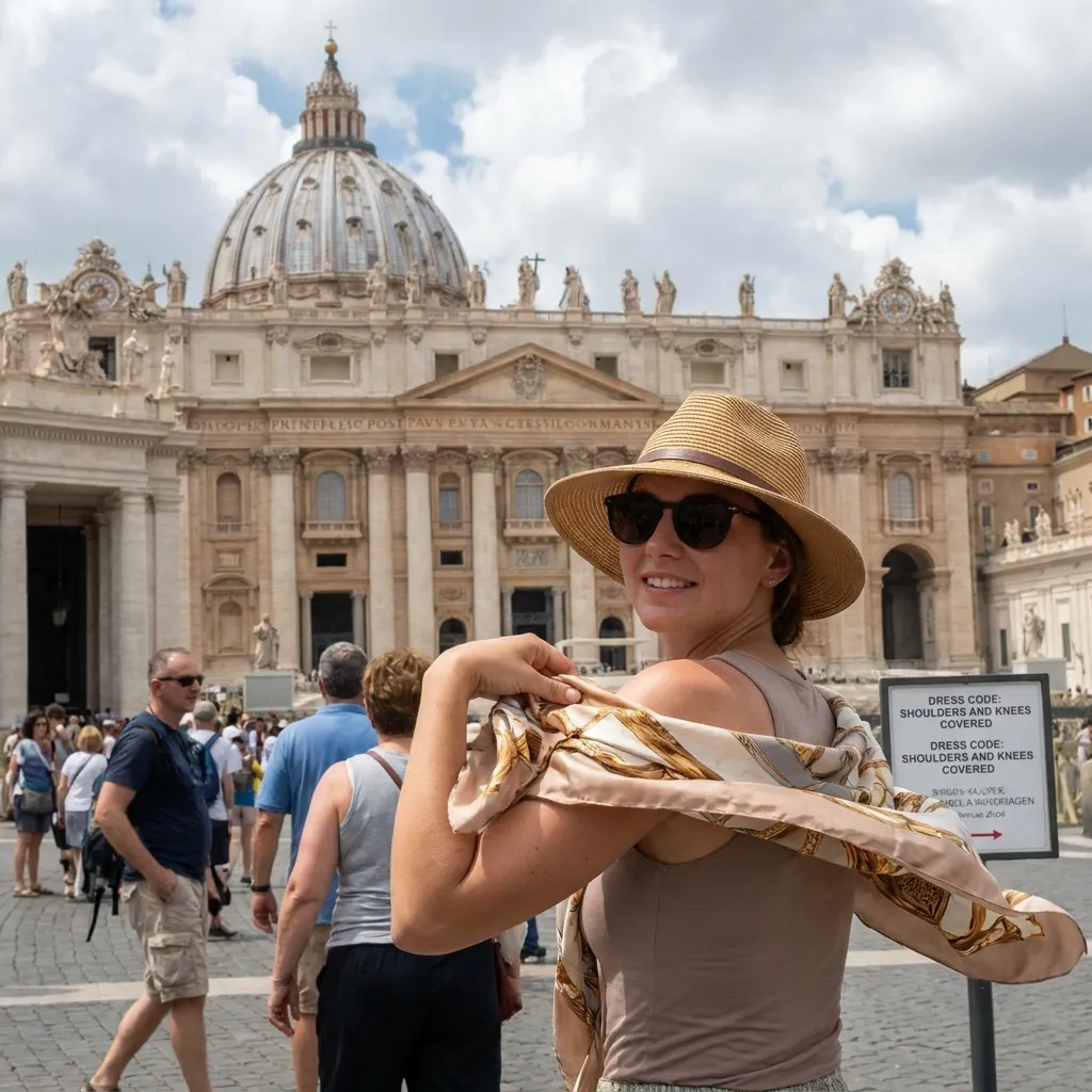 Female tourist using a lightweight scarf to cover her shoulders outside St. Peter's Basilica, illustrating the dress code tips among things to know before traveling to Italy.