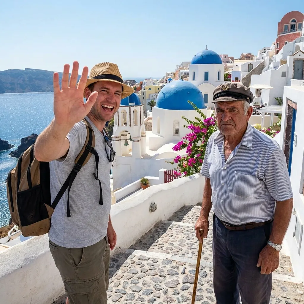 : Tourist accidentally doing the mountza hand gesture with an open palm in greece learning about cultural etiquette