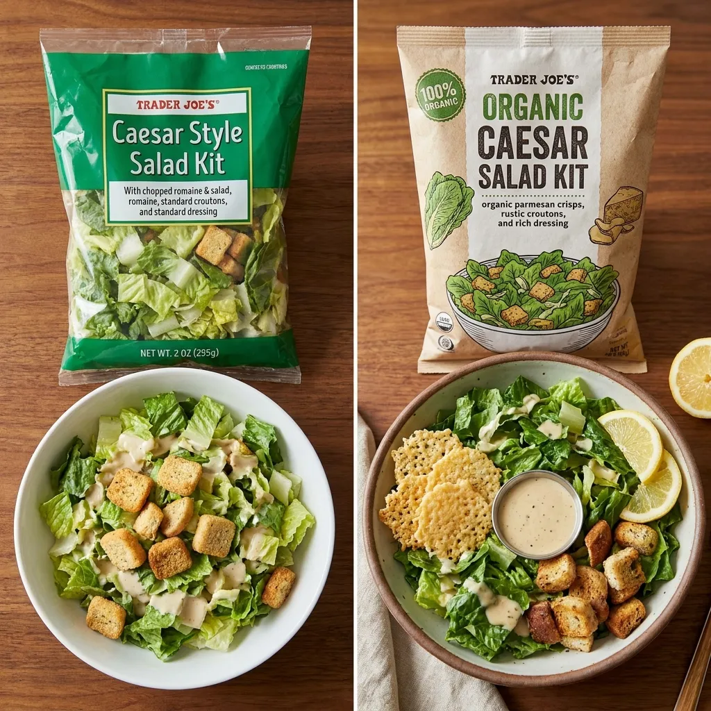 A visual comparison of Trader Joe's standard Caesar salad kit and the alternative, superior Organic Caesar Salad Kit, which is recommended instead.
