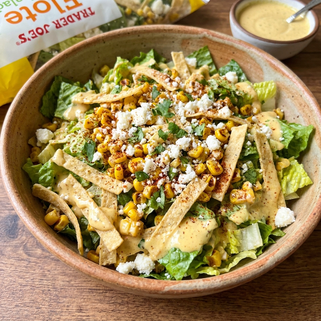 Trader Joe's Elote Chopped Salad Kit served in a rustic bowl, showing the rich texture of the street corn inspired toppings and dressing.