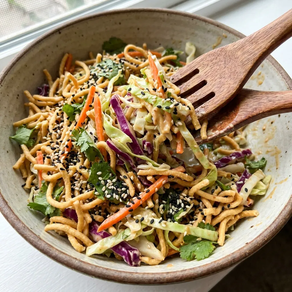 Close up of Trader Joe's Miso Crunch Chopped Salad mixed in a bowl highlighting the crunchy noodles, cabbage, and sesame seeds.