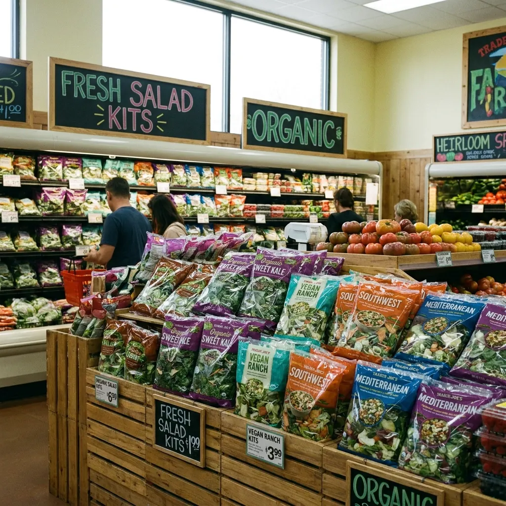 A busy produce aisle display in Trader Joe's, showcasing the large variety of colorful, stacked bagged salad kits available.