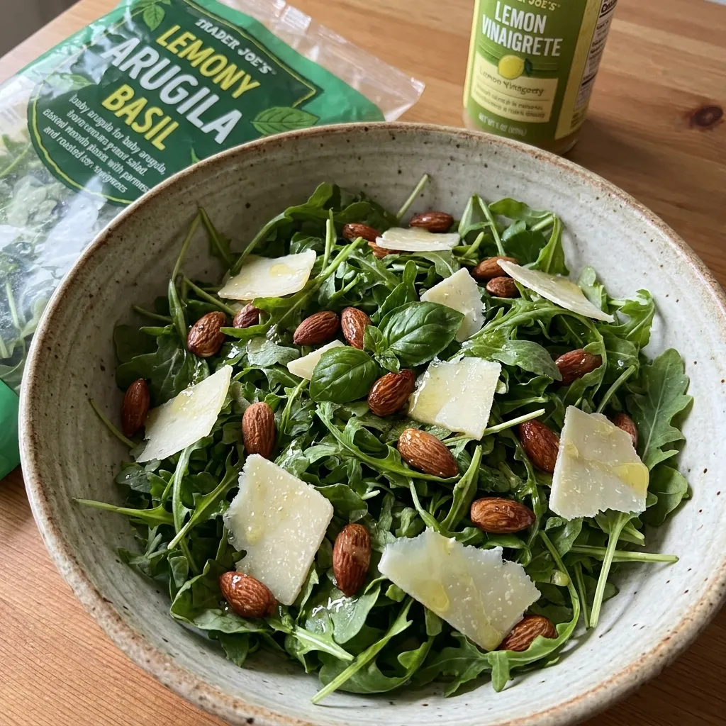 A fresh preparation of Trader Joe's Lemony Arugula Basil Salad in a bowl, showing the dark greens, almonds, and parmesan cheese.