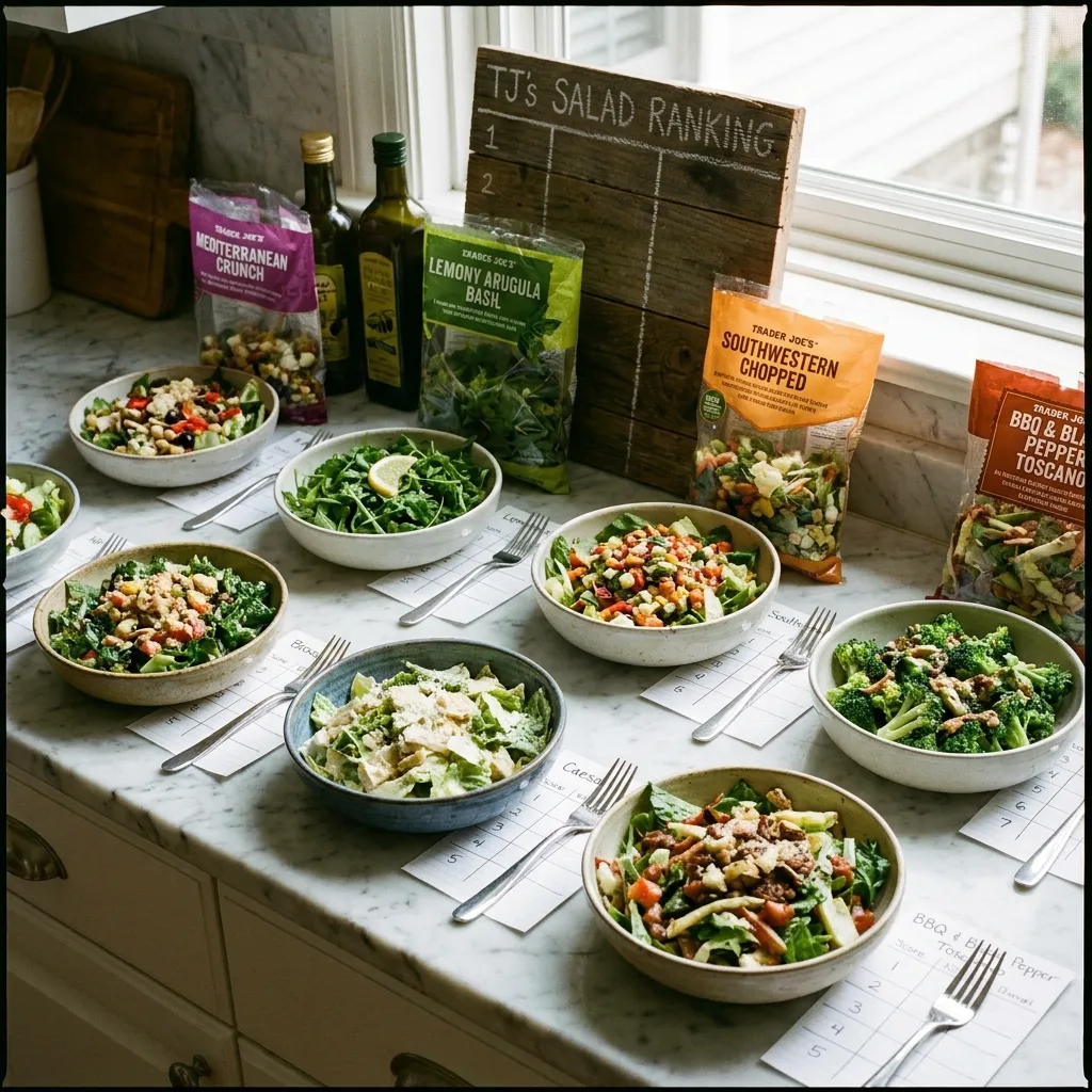 Various Trader Joe's bagged salad kits prepared in ceramic bowls on a marble countertop for a taste test ranking.