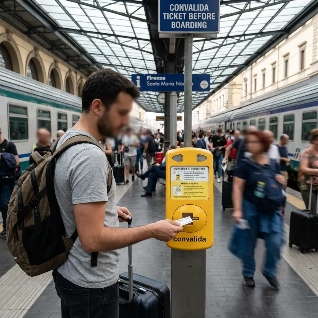 Traveler validating their regional train ticket at a yellow machine on a busy platform in Florence station, an essential thing to know before traveling to Italy by train.