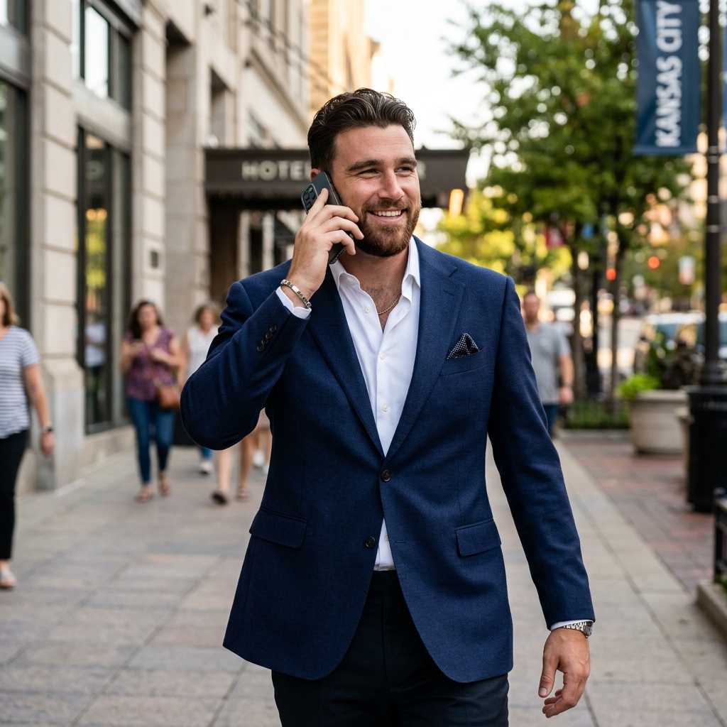 Travis Kelce holding a phone to his ear and smiling, wearing a stylish suit jacket