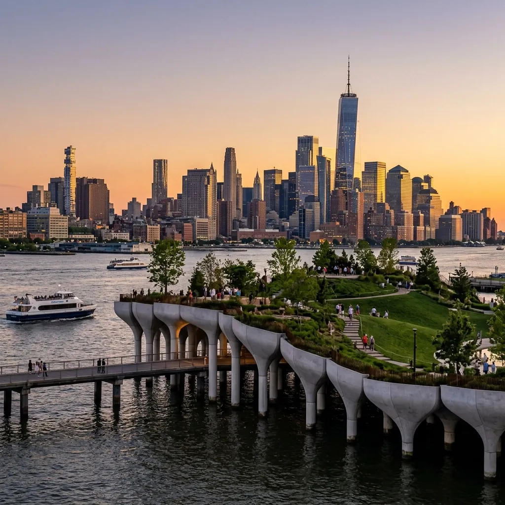 The unique tulip-shaped architecture of Little Island on the Hudson River in New York City.