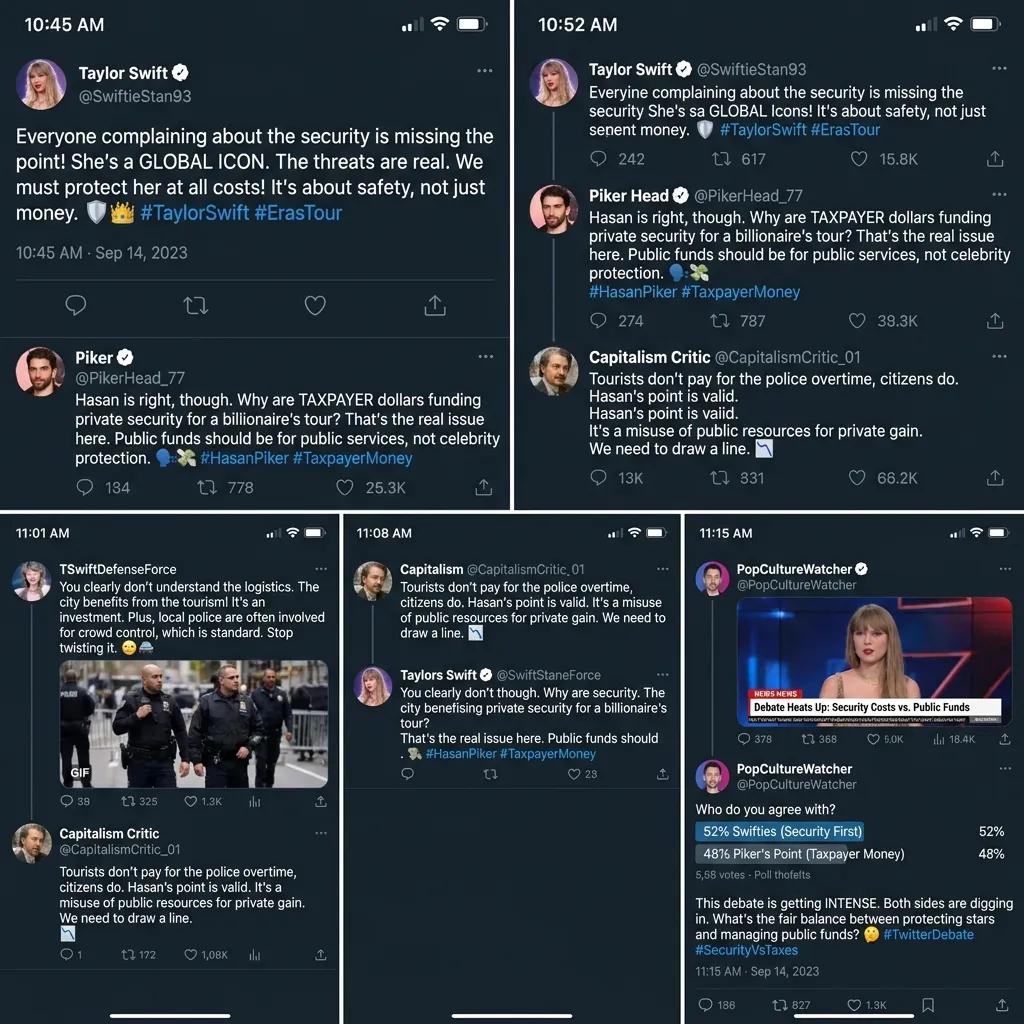 Social media screenshots showing the intense online debate surrounding the Hasan Piker Taylor Swift wedding controversy.