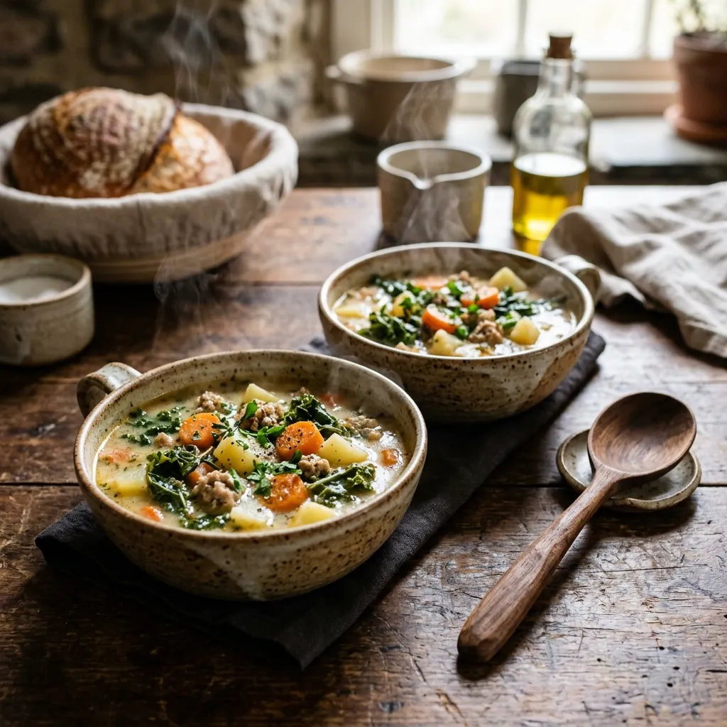 Two rustic ceramic bowls filled with creamy, steaming soup loaded with cooked kale, carrots, soft potatoes, and ground sausage, sitting next to a wooden spoon.