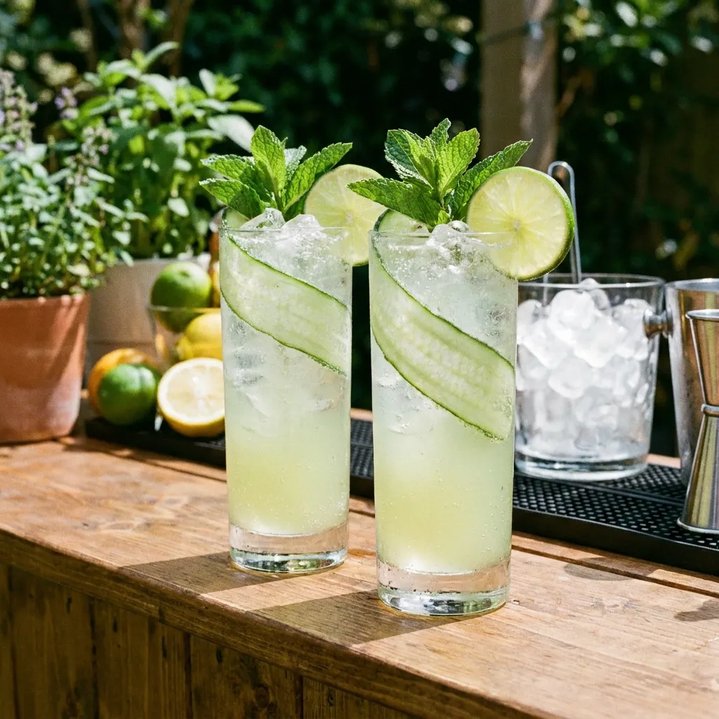 Two elegant highball glasses filled with a bubbly, translucent, pale green cocktail over crushed ice. The drinks are beautifully garnished with long, thin ribbons of cucumber, vibrant sprigs of fresh mint, and a lime wheel on the rim. Dew drops on the glass suggest an icy-cold, refreshing drink.