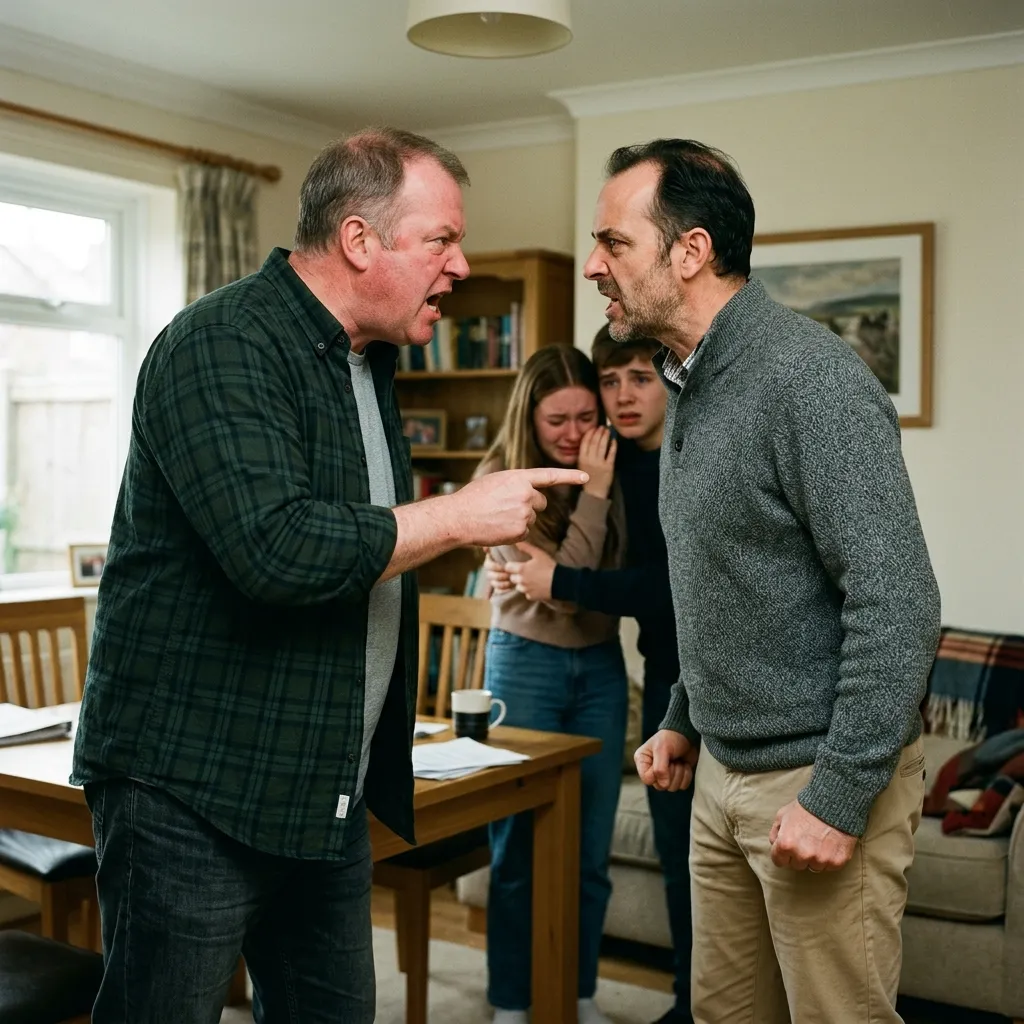 An image of two angry fathers confronting each other, depicting the family conflict that can arise from real forbidden relationship stories