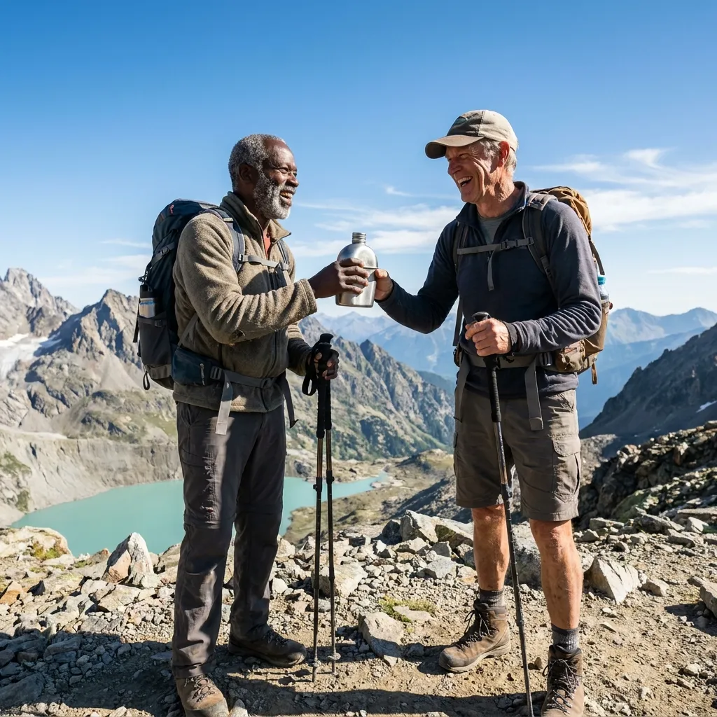 Documentary-style photo of diverse male friends laughing on a mountain hike, illustrating the value of quality relationships and active aging, a key piece of wisdom for men over 50.