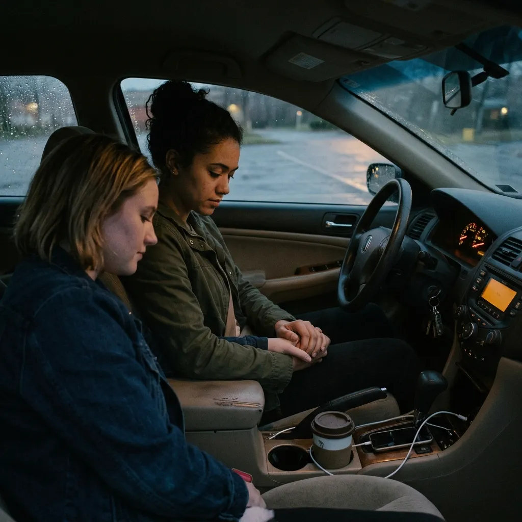 A candid, slightly dark photo of two women holding hands in a car, representing the secrecy required in real forbidden relationship stories involving family opposition.