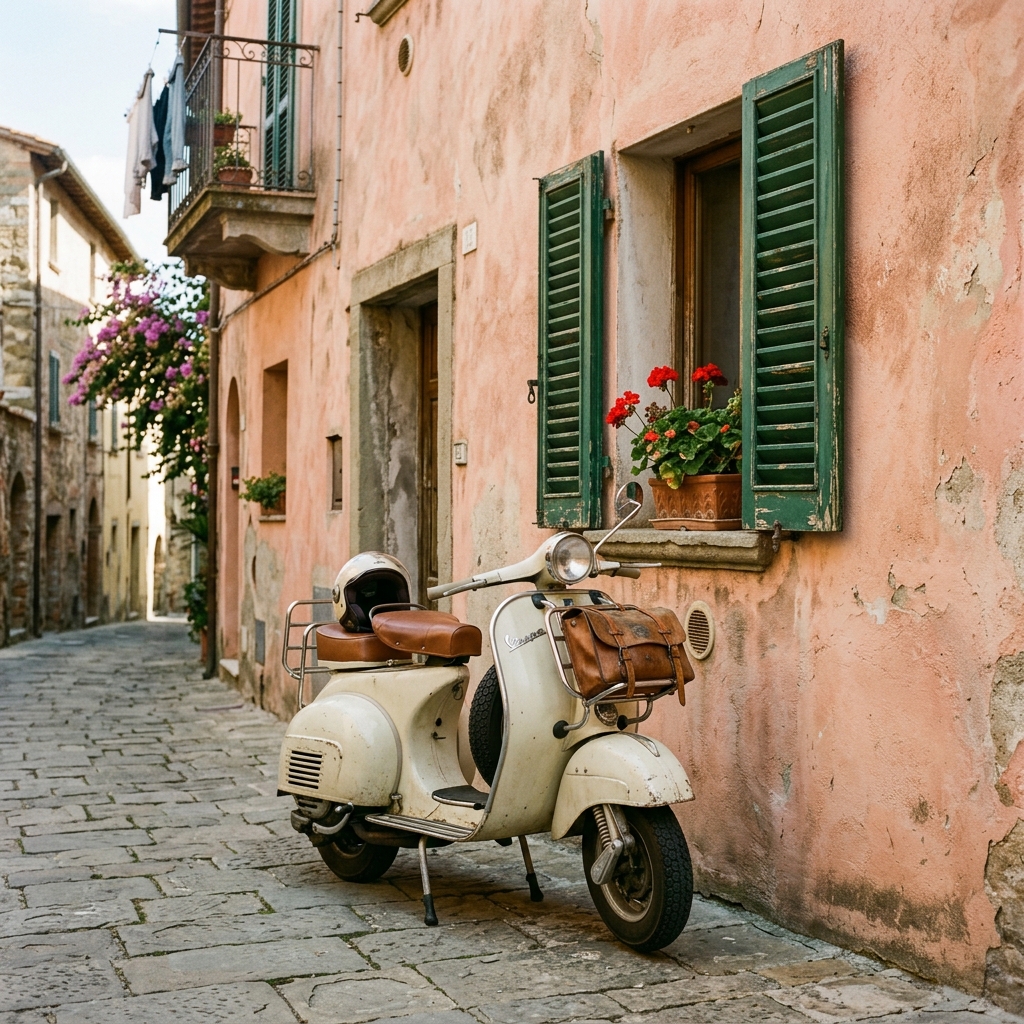 A classic vintage Italian scooter parked on a sun-drenched cobblestone street.