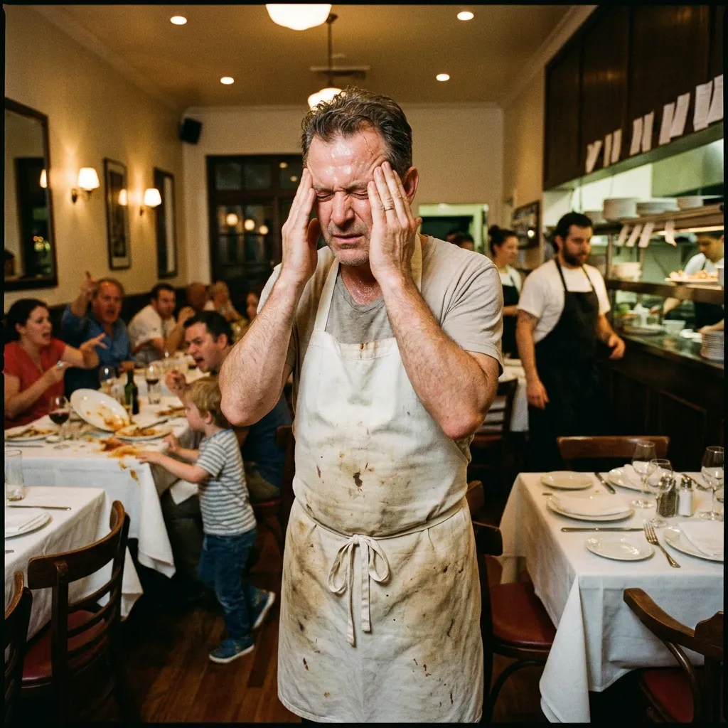 A stressed, exhausted waiter in an apron rubbing their temples and looking away while standing in a busy, chaotic restaurant dining room.