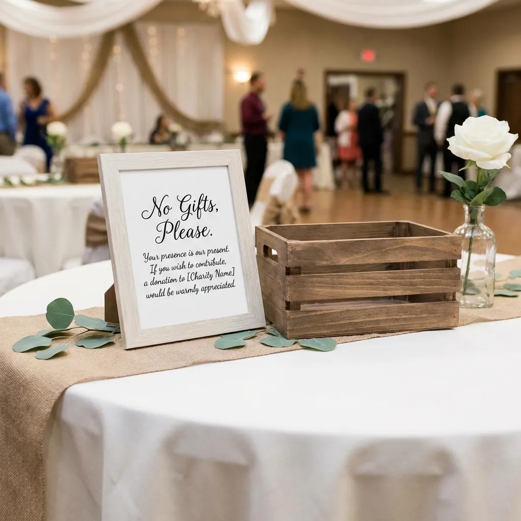 A beautifully decorated but empty wedding gift table with a small, polite sign requesting donations to charity instead of physical presents.