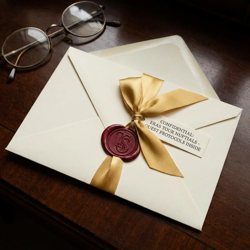 A zoomed-in shot of an elegant wedding invitation sealed with wax, representing the exclusive Taylor Swift wedding guest rules.