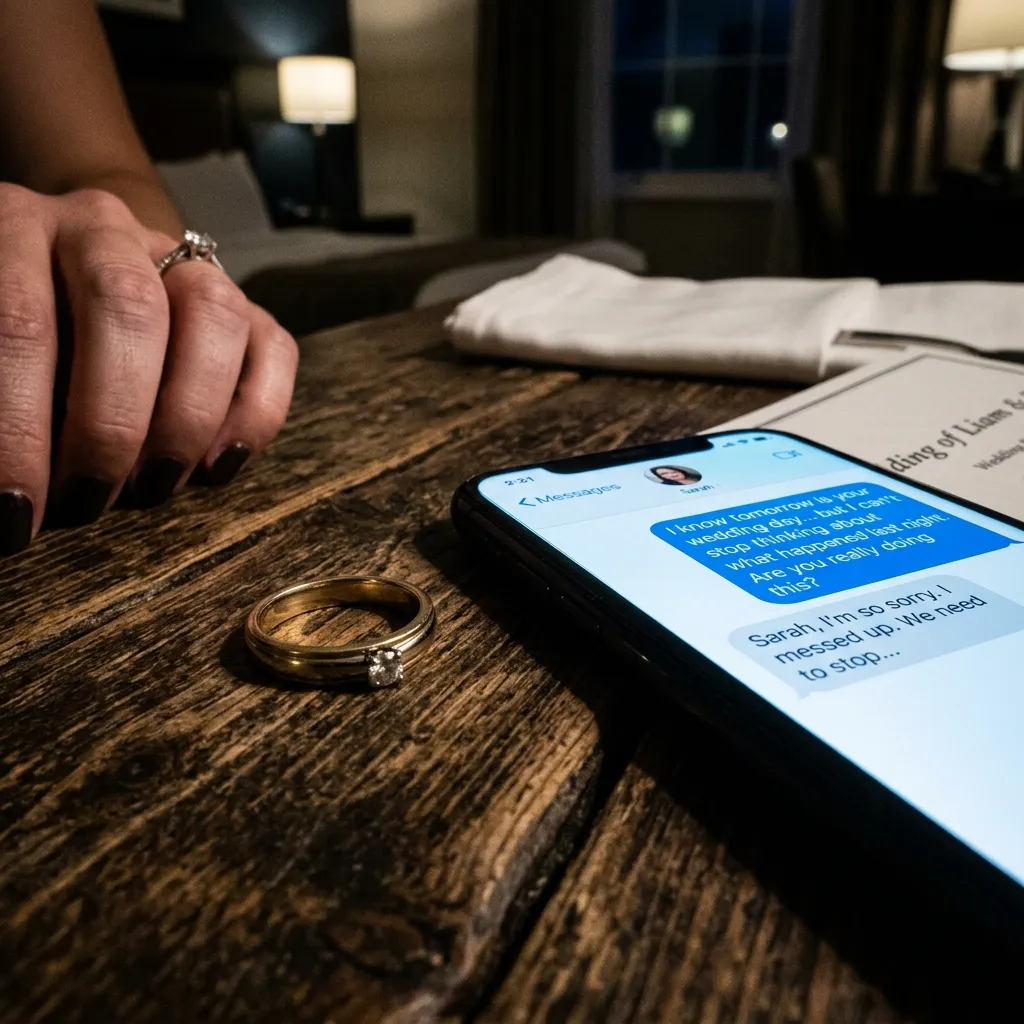A dramatic close-up of a wedding ring sitting on a wooden table next to a smartphone showing a text conversation, representing someone caught cheating before the wedding