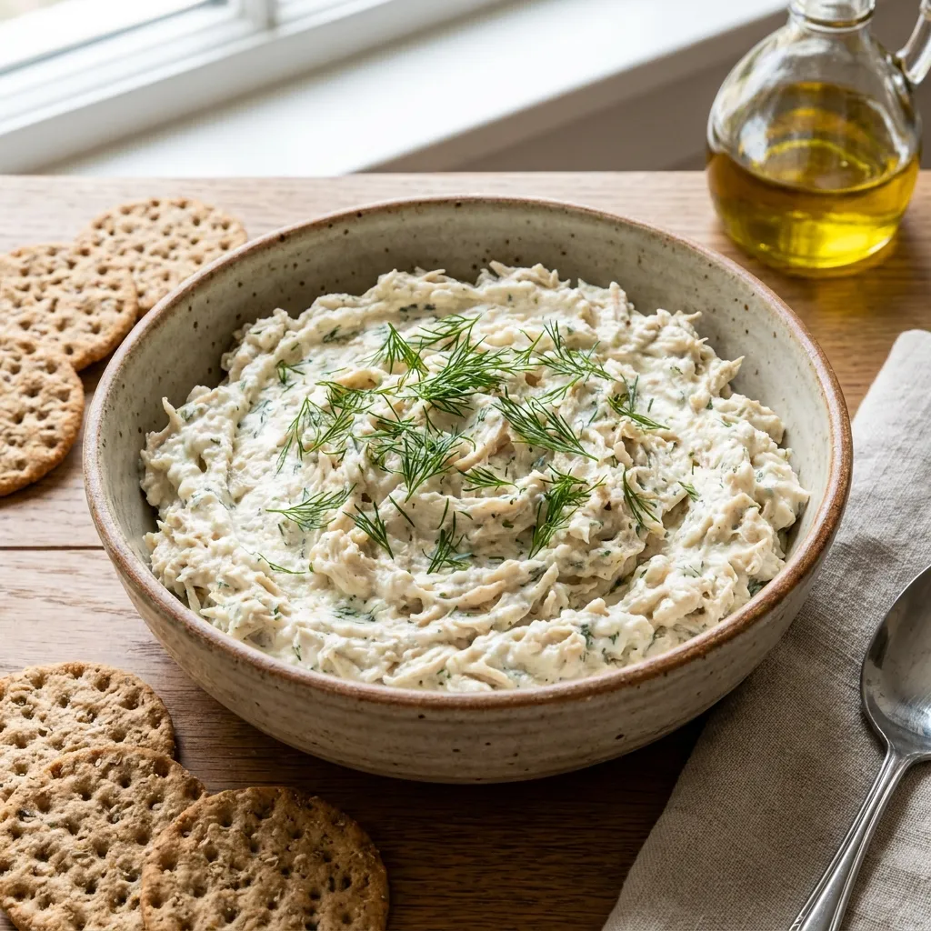 Creamy whipped cottage cheese salad with chickpeas and dill served with crackers