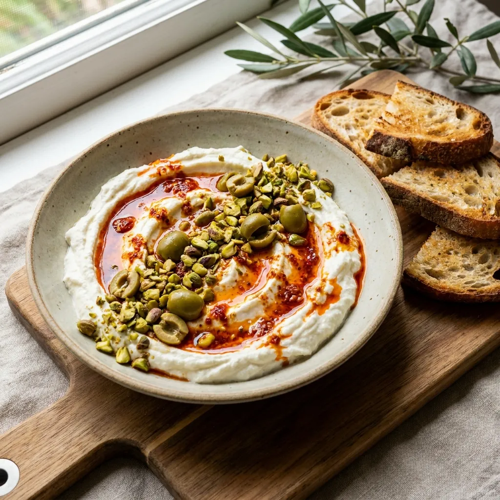 A shallow bowl of creamy whipped ricotta yogurt, beautifully topped with chopped green pistachios, olives, and a heavy drizzle of bright red harissa oil. Crisp bread slices sit on the side.