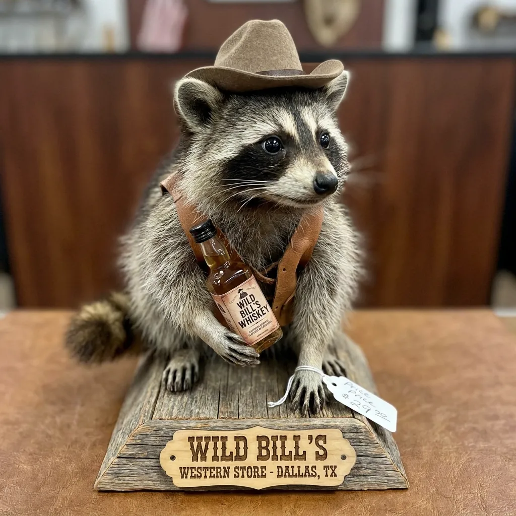 Close-up detail of the Whiskey Raccoon taxidermy souvenir purchased by Erling Haaland at Wild Bill’s Western Store.