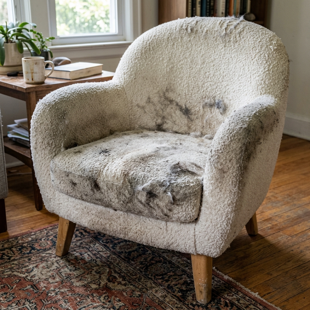 A once-white bouclé accent chair showing noticeable dirt and pet hair stains