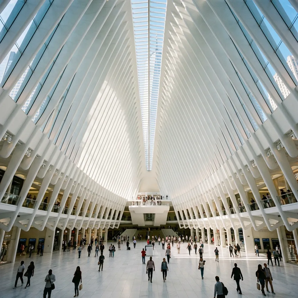 The stunning white, ribbed architecture inside The Oculus WTC, highlighting unique things to see in NYC.