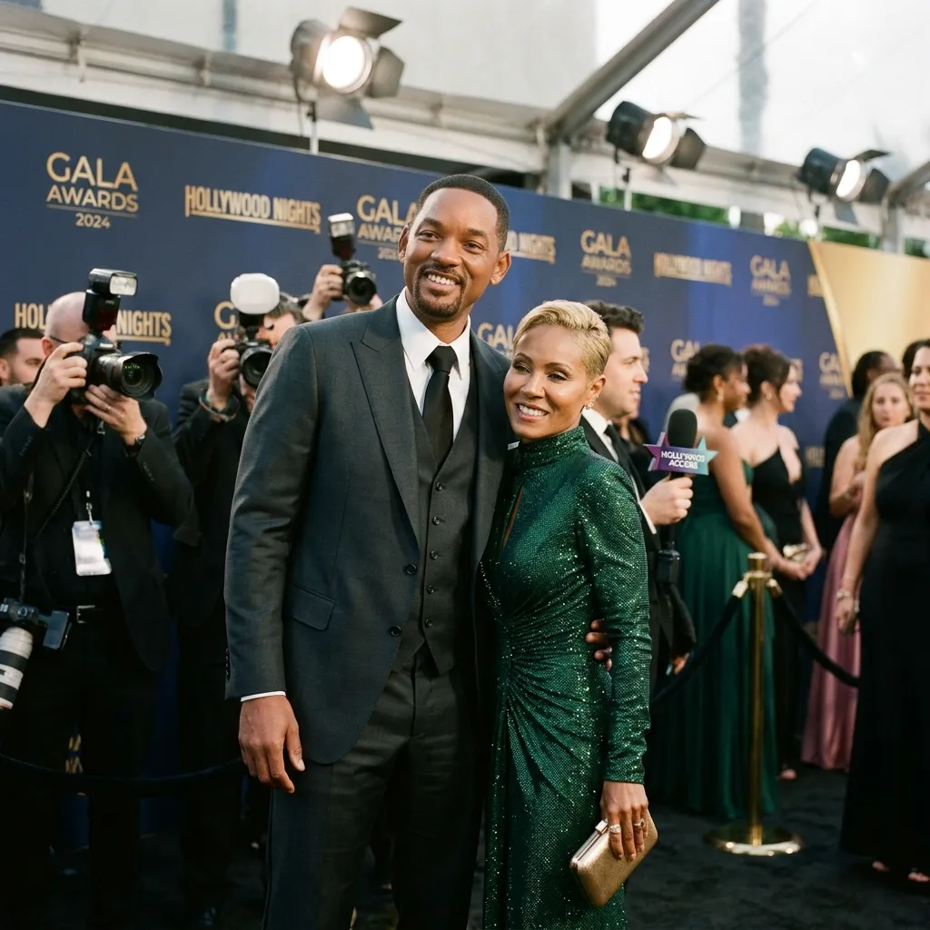 Will Smith and Jada Pinkett Smith posing closely together on a major Hollywood red carpet, smiling brightly for the paparazzi
