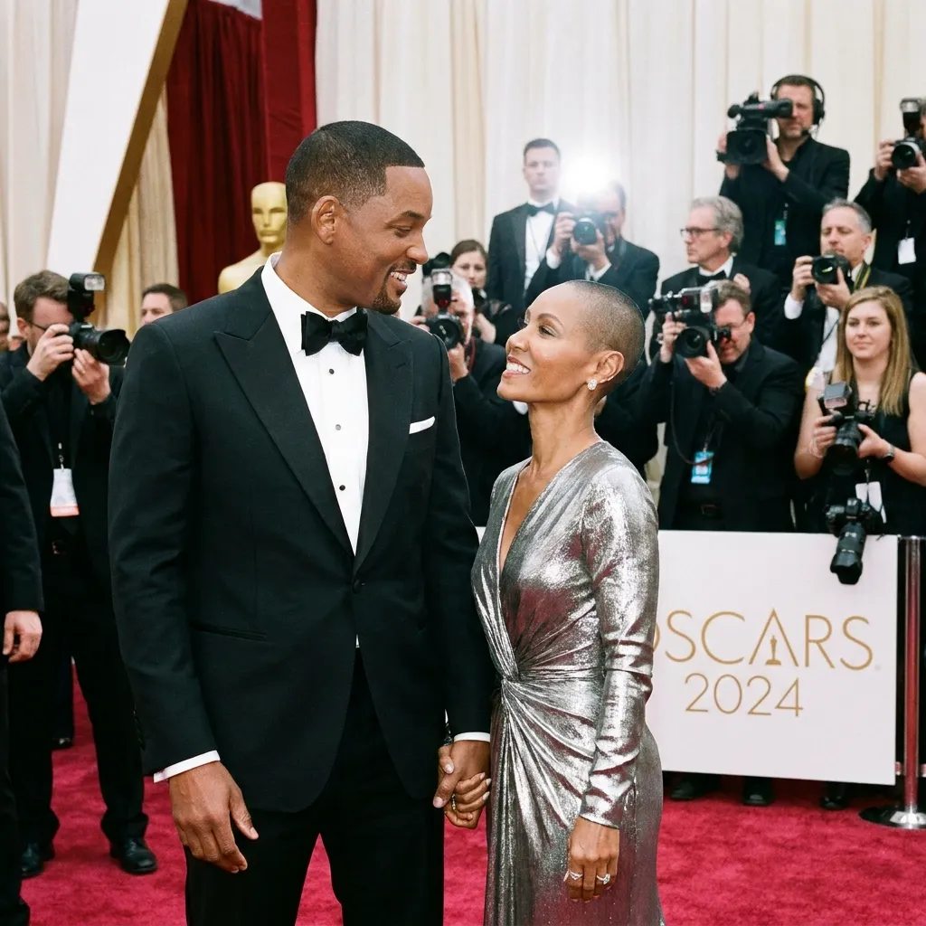 Will Smith and Jada Pinkett Smith smiling affectionately at each other on a red carpet, with Will wearing a sharp tuxedo and Jada in a stunning metallic gown.